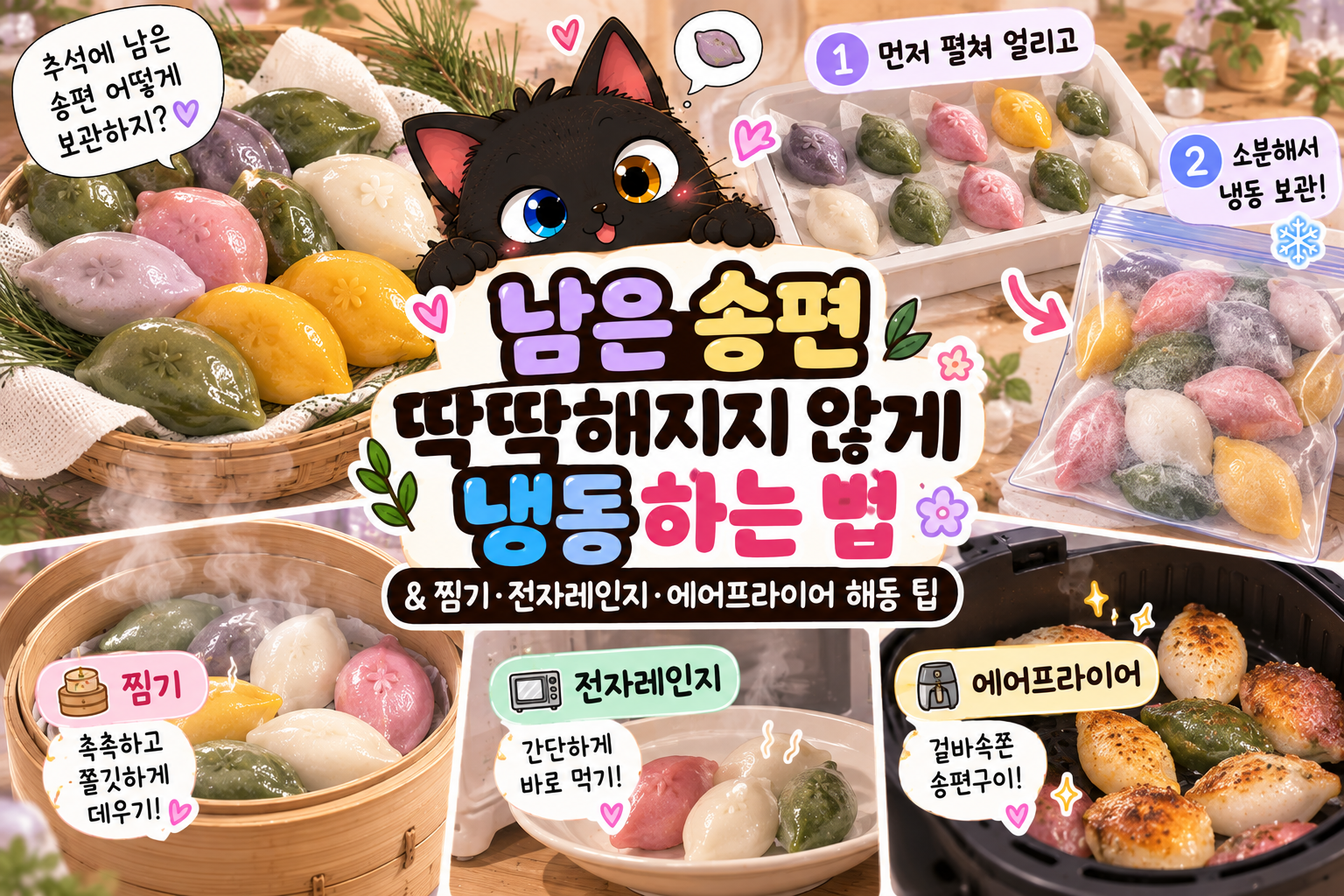 남은 송편 딱딱해지지 않게 냉동하는 법, 찜기·전자레인지·에어프라이어 데우기