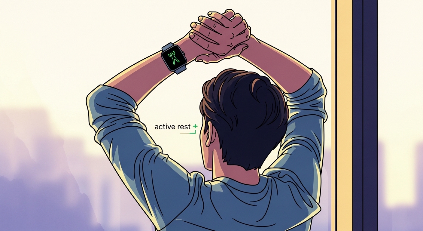 5분 휴식 시간에 스트레칭을 하거나 창밖을 보며 적극적인 휴식을 취하는 사람의 모습.