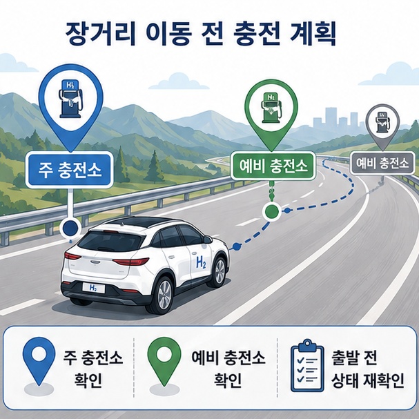 장거리 이동 경로에 주 충전소와 예비 충전소를 함께 정하고 출발 전에 운영상태를 다시 확인하는 모습을 보여 주는 그림