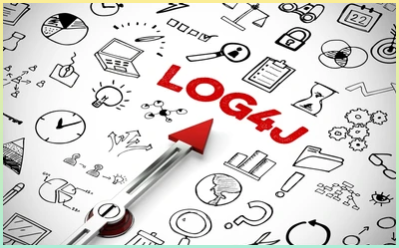 아이콘 사이에 Log4J 문자를 가리키는 화살표가 있는 나침반(사이버 보안 개념(3d 렌더링)