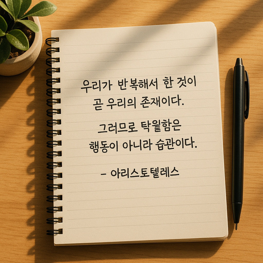 따뜻한 햇살이 비치는 나무 책상 위에 스프링 노트가 펼쳐져 있고, 노트에는 "우리가 반복해서 한 것이 곧 우리의 존재이다. 그러므로 탁월함은 행동이 아니라 습관이다. – 아리스토텔레스"라는 문장이 정확하게 적혀 있다. 오른쪽에는 검은색 펜이 놓여 있으며, 왼쪽 위에는 작고 싱그러운 초록 식물이 담긴 화분이 자연스럽게 자리하고 있다.