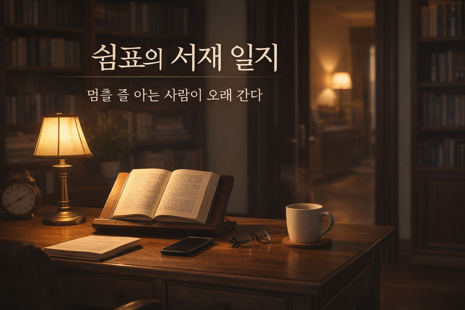 따뜻한 조명 아래 책과 커피가 놓인 서재 책상, 저녁 일지를 쓰는 공간