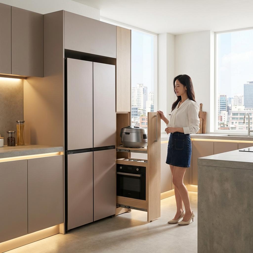 냉장고장 남는 자리에 광파오븐 및 밥솥 레일장 맞춤 제작 사례