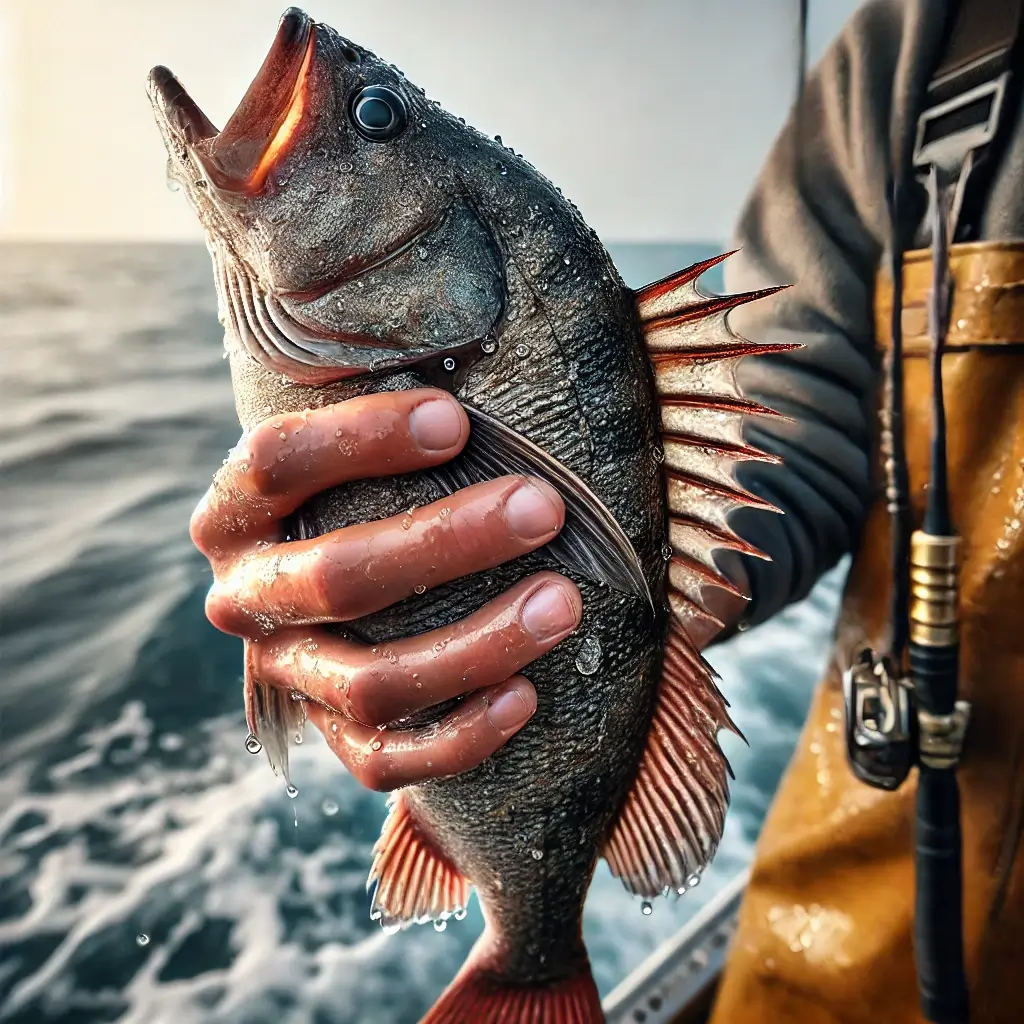 낚시꾼이 손에 들고 있는 갓 잡은 우럭