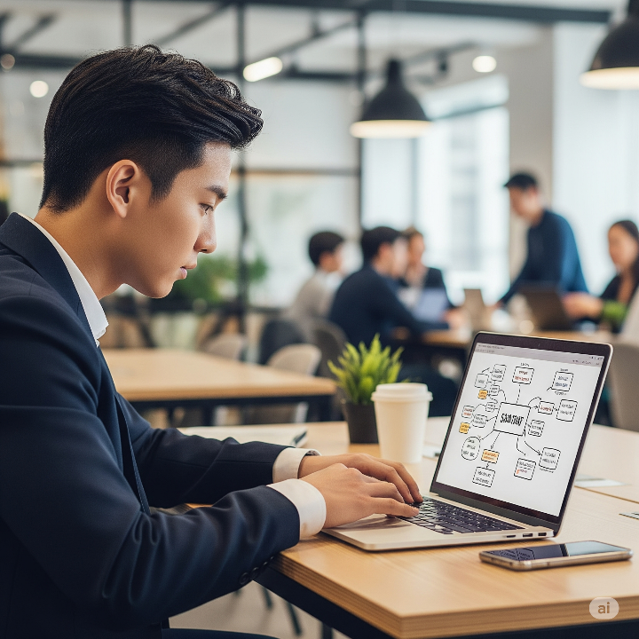 열심히 노트북으로 창업 아이디어를 구상하는 한국 청년의 모습