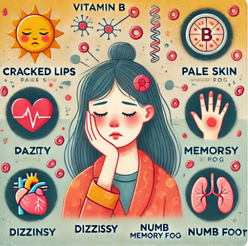 피로, 입술 갈라짐, 기억력 저하 등 비타민B군 결핍증상을 묘사한 이미지