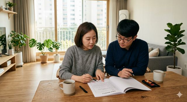전세대출 조건 확인을 위해 계약서를 검토하는 모습