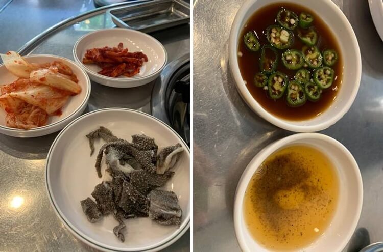 천엽, 김치, 무말랭이, 간장과 소금기름장 소스