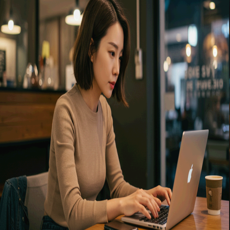 카페에서 노트북으로 작업하는 여성.