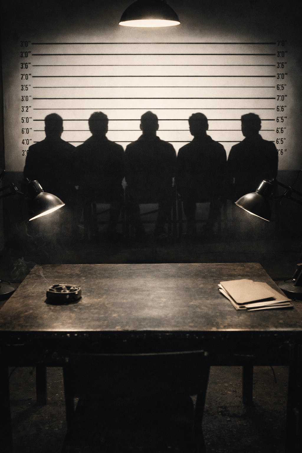 범죄 용의자 라인업을 연상시키는 경찰 조사실 분위기의 떠올리게 하는 AI 이미지.