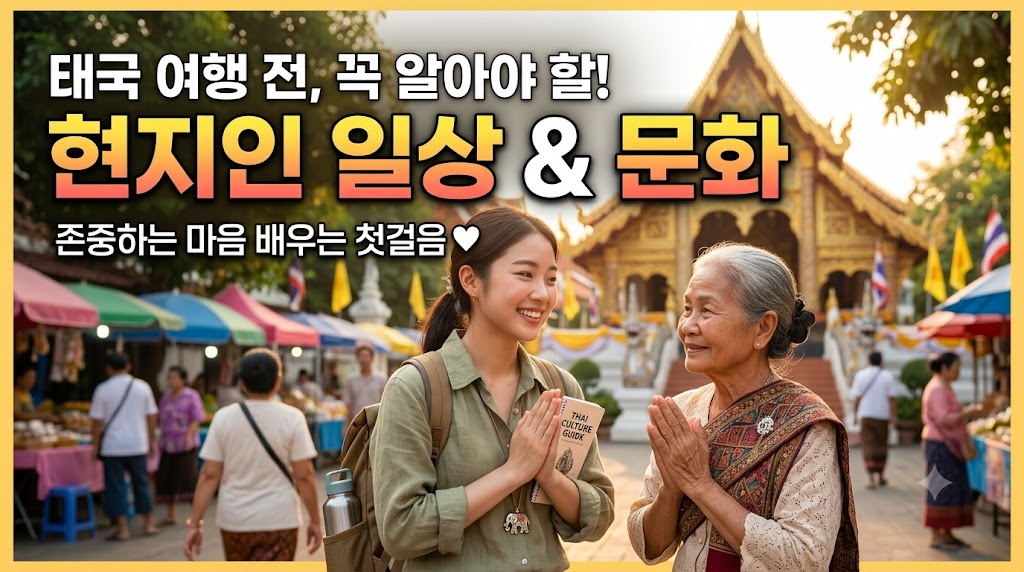 방콕 도심 속에서 두 손을 모아 사와디캅 인사를 건네는 태국인과 평화로운 사원의 풍경