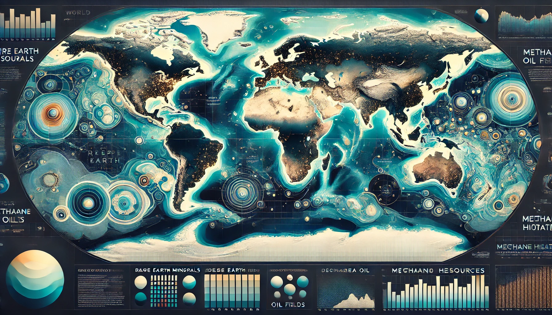 2025년 글로벌 심해자원 분포 현황. 망간단괴, 메탄하이드레이트 등 주요 자원의 위치와 매장량 표시
