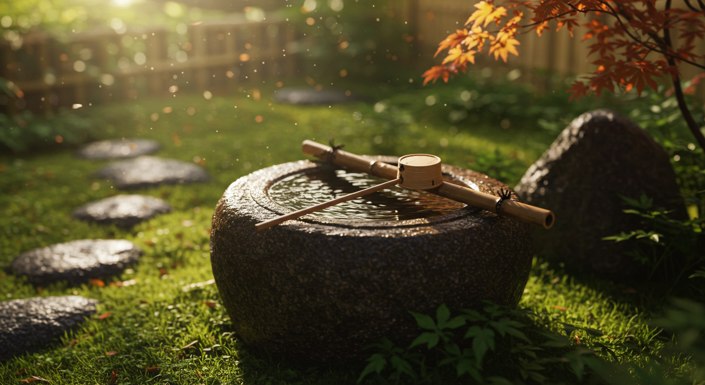 이끼가 낀 작은 정원과 돌로 만든 물그릇 '쓰쿠바이(蹲)'