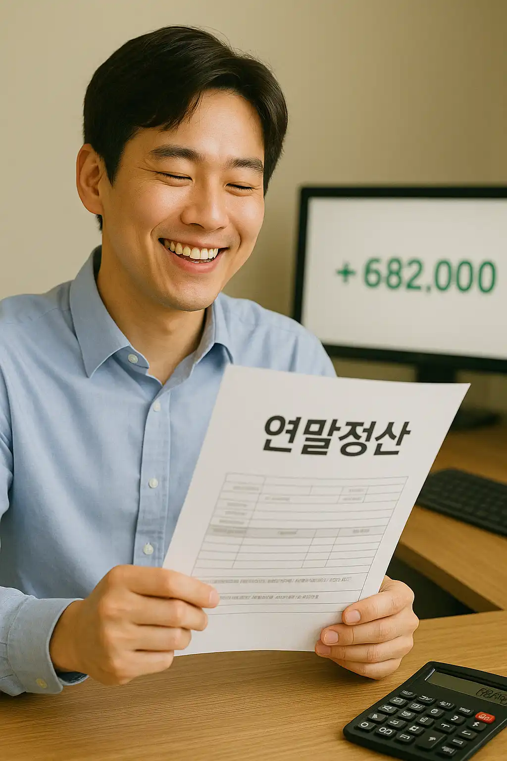 연말정산 결과를 보고 좋아하는 직장인의 모습