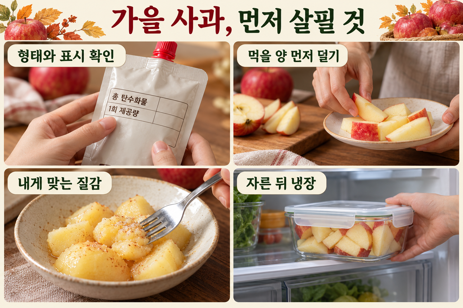 표시 확인, 먹을 몫 덜기, 익힌 질감 선택, 자른 뒤 냉장의 네 실사 장면.