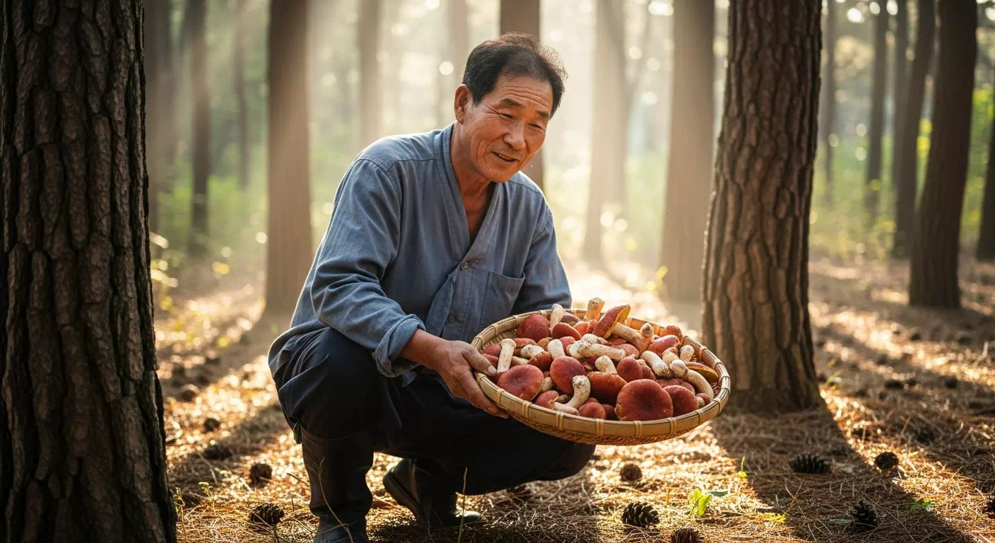 산지 수확한 송이버섯 – 한국 농부가 바구니에 담아든 신선한 송이버섯