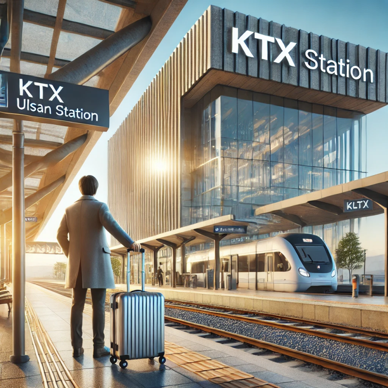울산역에서 KTX를 이용하는 여행자, 짐을 들고 역 건물을 배경으로 한 편리한 이동 모습
