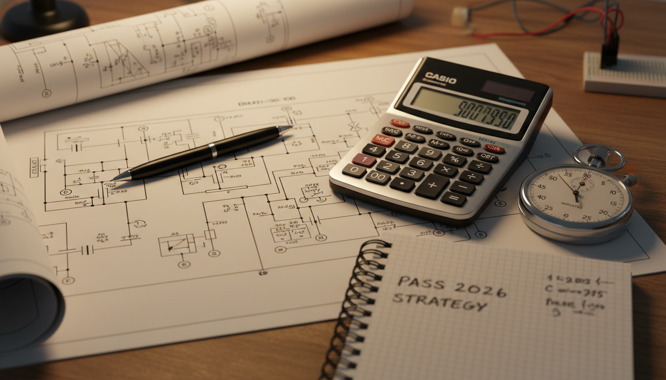 2026년 전기기사 실기 시험 합격을 위해 책상 위에서 공학용 계산기와 회로도, 스톱워치를 두고 집중하는 모습