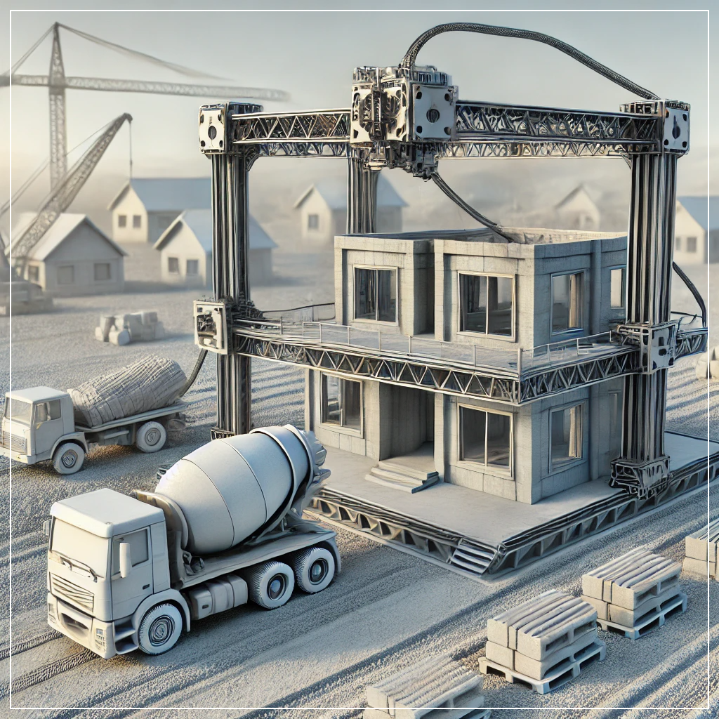 대형 3D 프린터가 콘크리트를 이용해 주택을 건설하는 모습