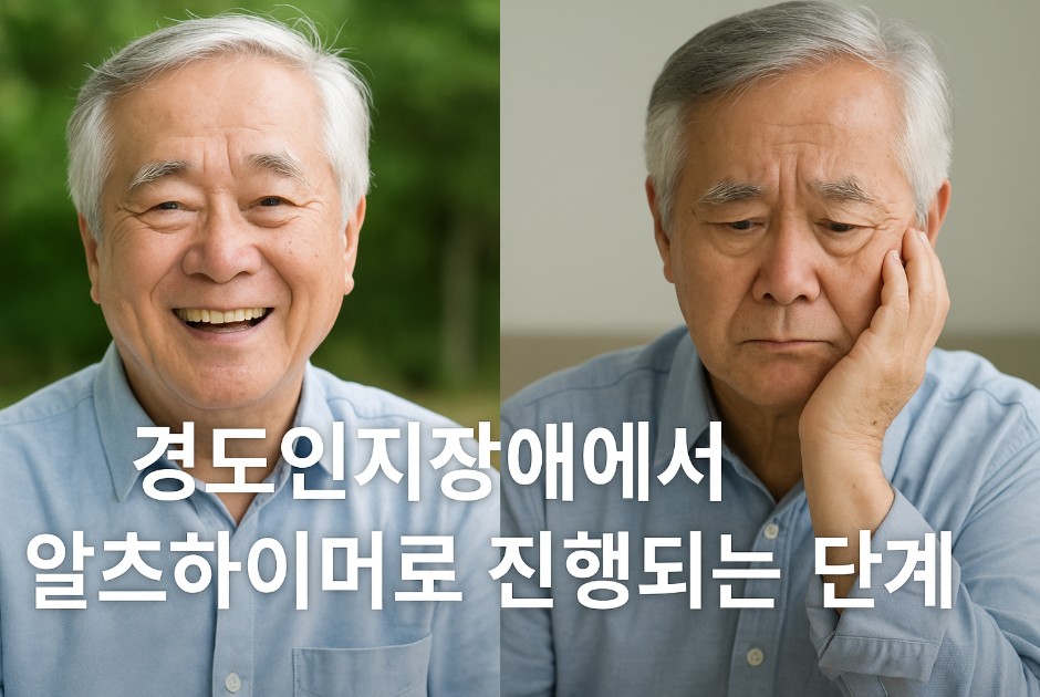왼쪽에는 푸른 자연 배경 속에서 환하게 웃고 있는 노인의 모습이, 오른쪽에는 같은 노인이 실내에서 무표정하고 시무룩하게 앉아 있는 모습이 나란히 배치되어 있다. 두 얼굴의 대비는 경도인지장애에서 알츠하이머로 진행되는 감정 및 인지 상태의 변화를 시각적으로 표현하고 있다. 중앙에는 "경도인지장애에서 알츠하이머로 진행되는 단계"라는 문구가 크게 삽입되어 이 이미지의 주제를 명확하게 전달한다.