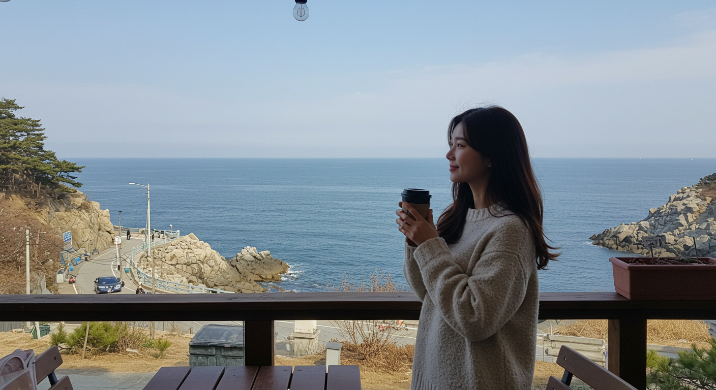 강원도 해변 카페 테라스에서 커피를 마시며 바다를 바라보는 한국인 여성.