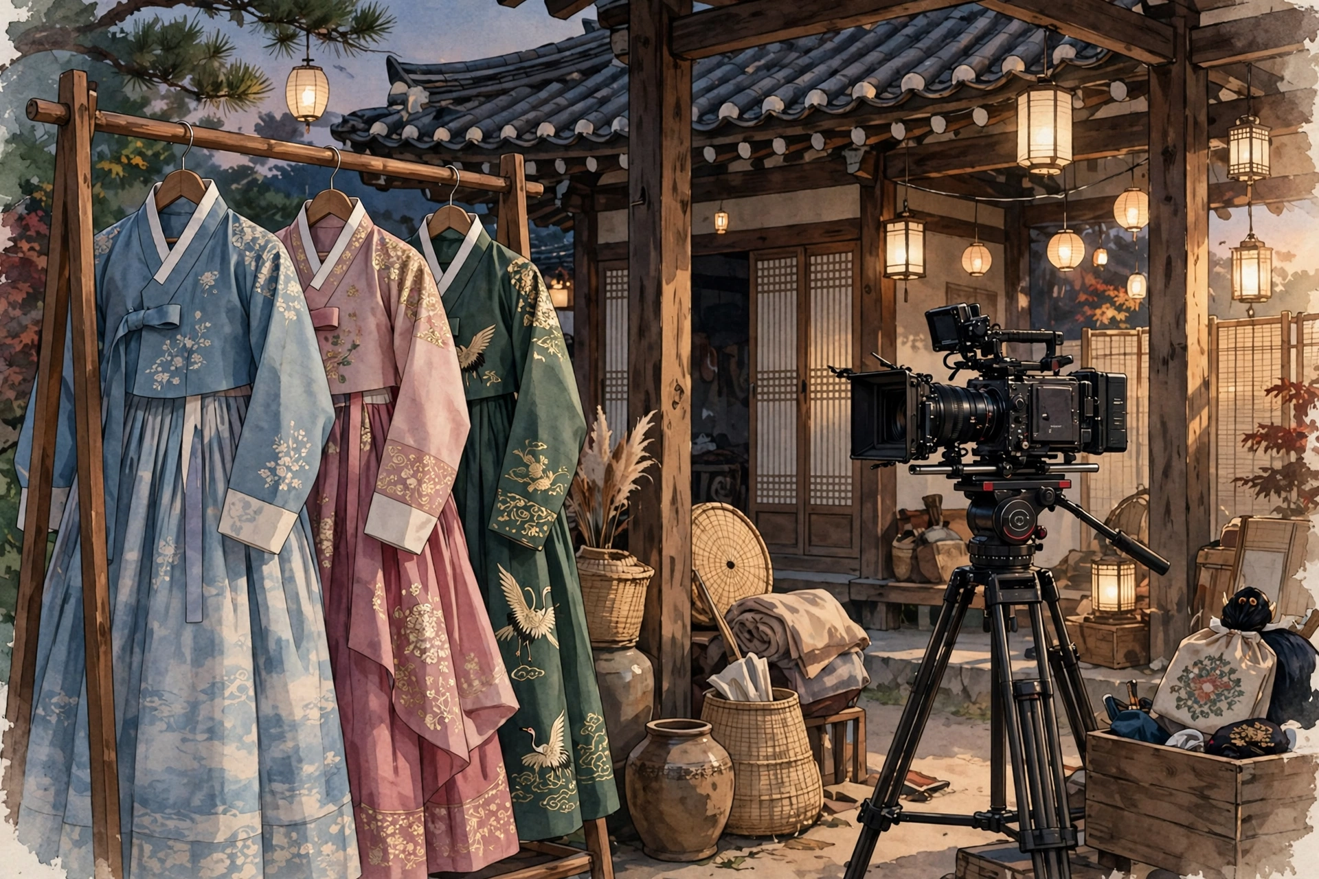 사극 촬영장 한복 의상과 카메라 일러스트