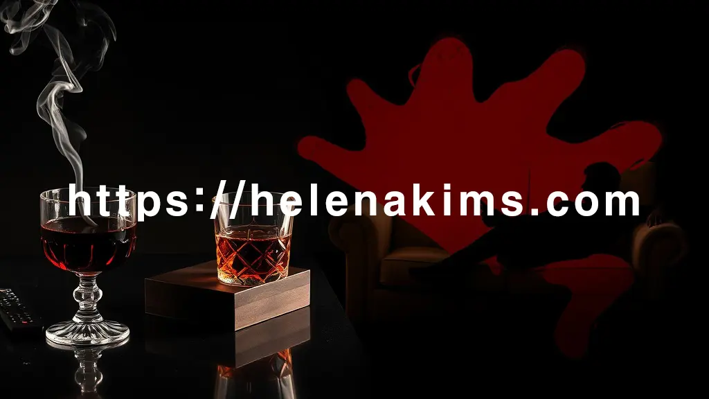 어둡고 차분한 배경 위에 건강에 해로운 생활 습관을 상징하는 오브제들이 정교하게 배치되어 있고, 한쪽에는 가늘게 피어오르는 담배 연기가 있는 재떨이와 짙은 색 술이 담긴 크리스탈 잔이 놓여있고, 다른 한쪽에는 푹신한 소파 위 리모컨 옆으로 활동 없는 인체 실루엣이 보입니다.