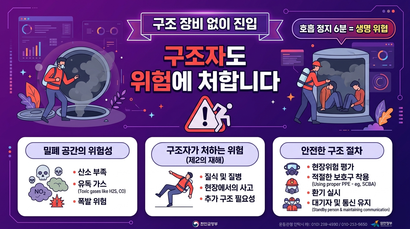 구조장비 없이 밀폐공간 진입 시 위험성을 보여주는 경고 인포그래픽