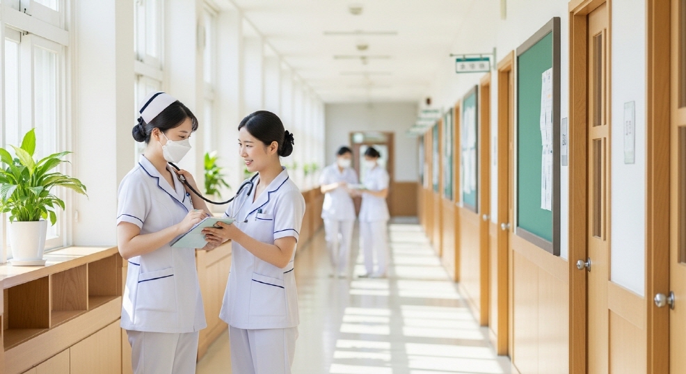 복도에서 학생들 건강 살피는 모습