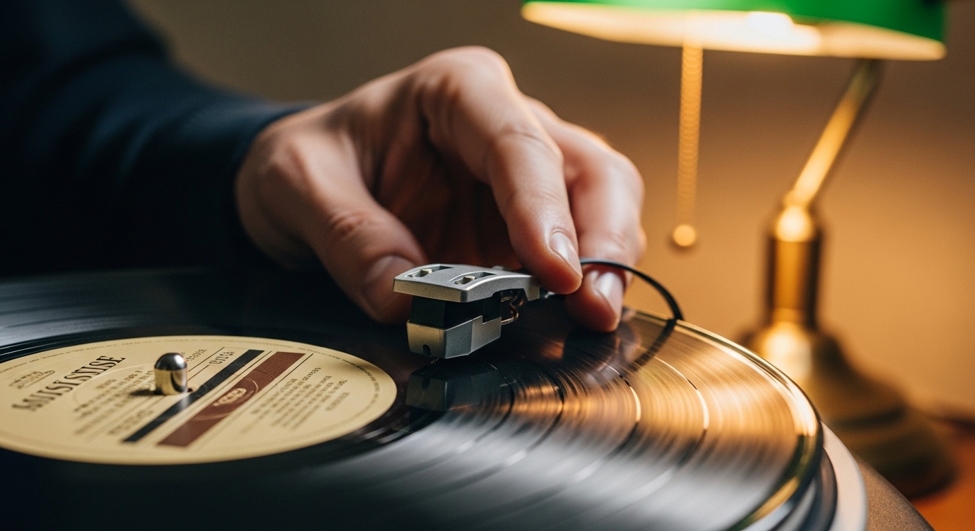 턴테이블 위에 LP 레코드 바늘을 조심스럽게 올리는 손. 아날로그 감성과 진정성 있는 경험을 상징하는 이미지.