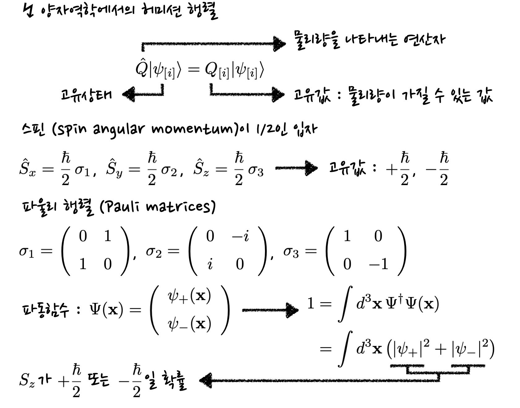 schematics of quantum mechanical spin operator for a spin-half particle, showing the Pauli matrices and normalization of the wave function.