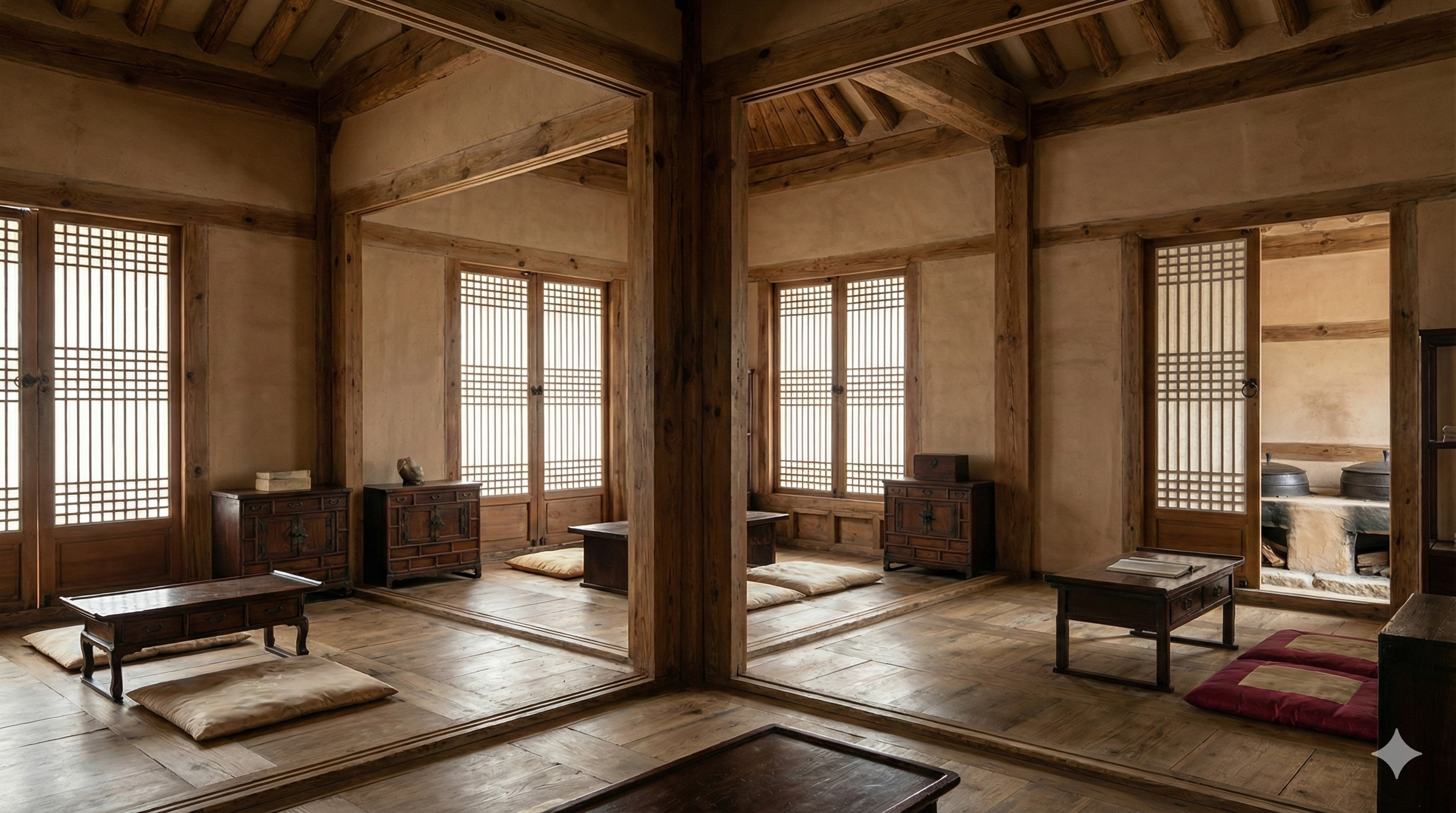 안방과 사랑방, 부엌이 연결된 전통 한옥 내부 공간 구조