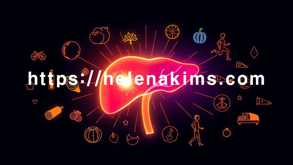 중심에 건강하게 빛나는 간 실루엣이 있고, 그 주위를 양질의 식단(신선한 채소, 단백질), 활력 넘치는 운동(조깅, 요가), 평화로운 휴식(편안한 수면)을 상징하는 밝은 아이콘들이 연결된 모습.