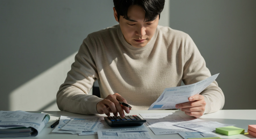 한국인 남성이 계산기와 의료비 영수증을 보며 위고비 비용을 계산하는 장면