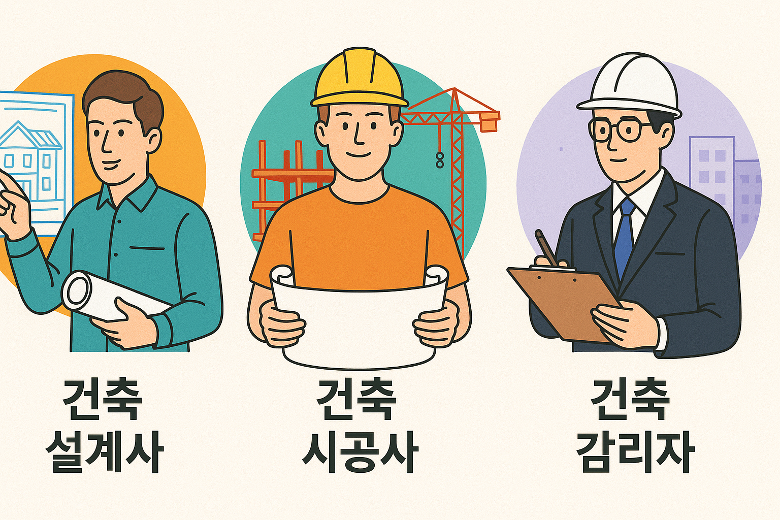 도면을 가리키는 건축 설계사 일러스트", "건설 현장에서 설계를 들고 있는 건축 시공사 이미지", "현장을 점검하며 체크리스트를 작성하는 건축 감리자 그림
