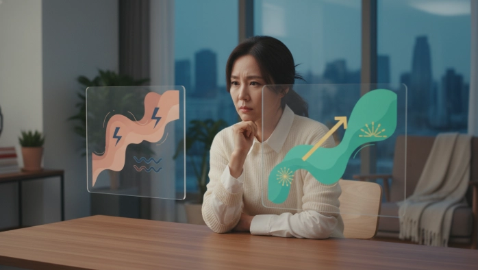 해외 고금리 투자의 기회와 환율 변동성 같은 잠재적 위험 요소를 동시에 고려하며 신중하게 판단하는 한국인 투자자.