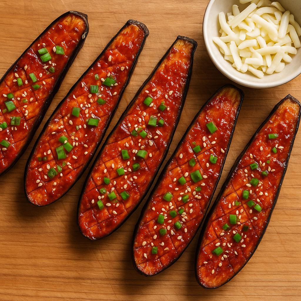칼집 낸 가지에 불닭소스 양념을 바른 모습
