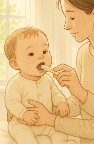 부모가 아기의 잇몸을 실리콘 칫솔로 부드럽게 닦아주는 모습