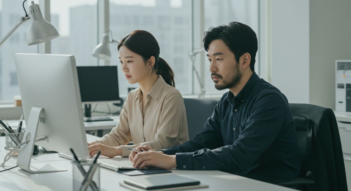 한 여자와 한 남자가 나란히 앉아서 모니터를 보면서 일하고 있따.