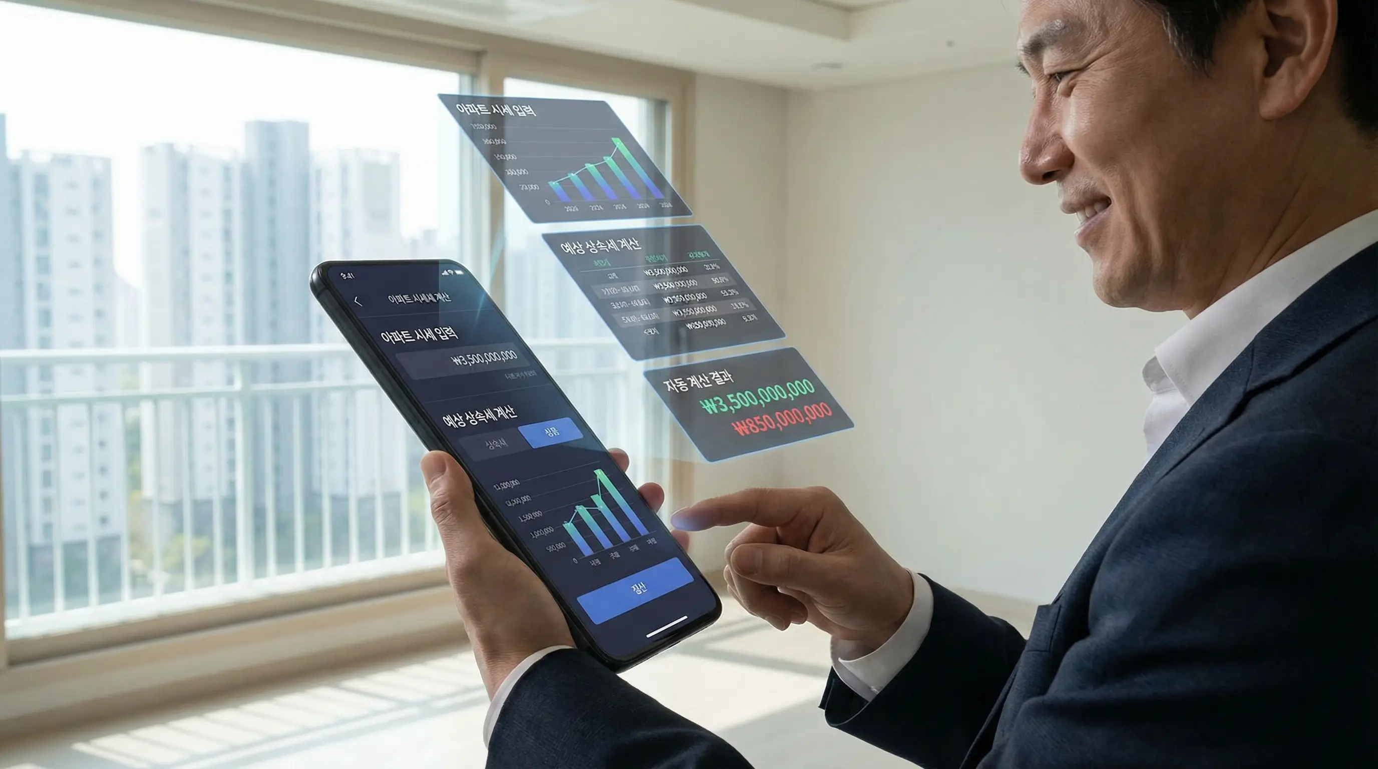 스마트폰 앱으로 아파트 시세를 입력하고 예상 상속세를 자동으로 계산하는 스마트한 모습