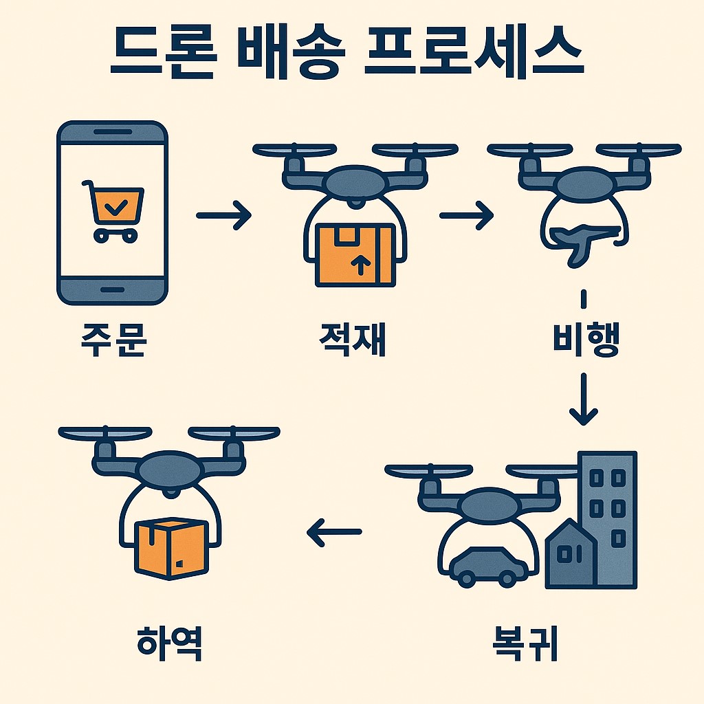 드론 배송 프로세스 구조도: 주문-적재-비행-하역-복귀 단계 흐름도