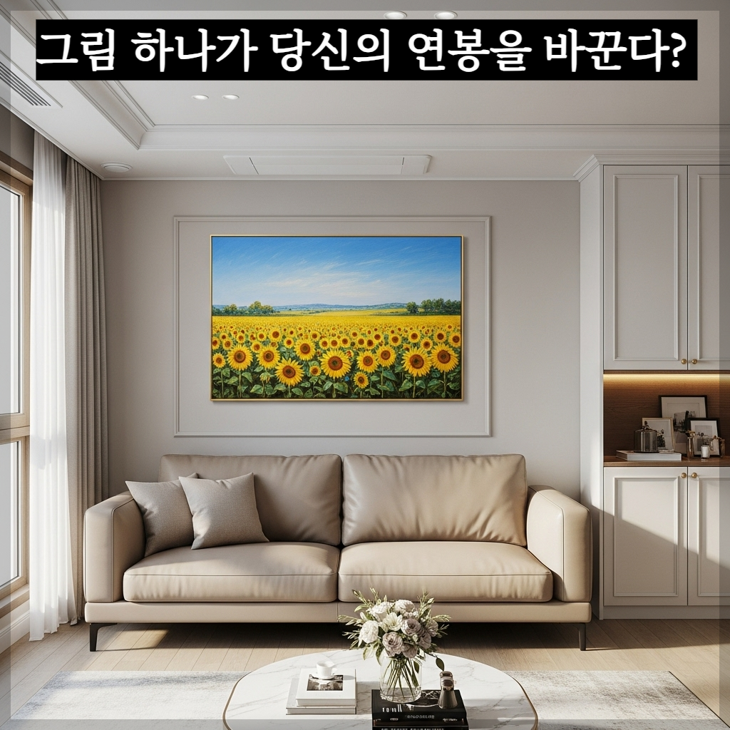 재물운을 상징하는 해바라기 구상화가 걸린 현대적이고 고급스러운 거실 풍수 인테리어 모습
