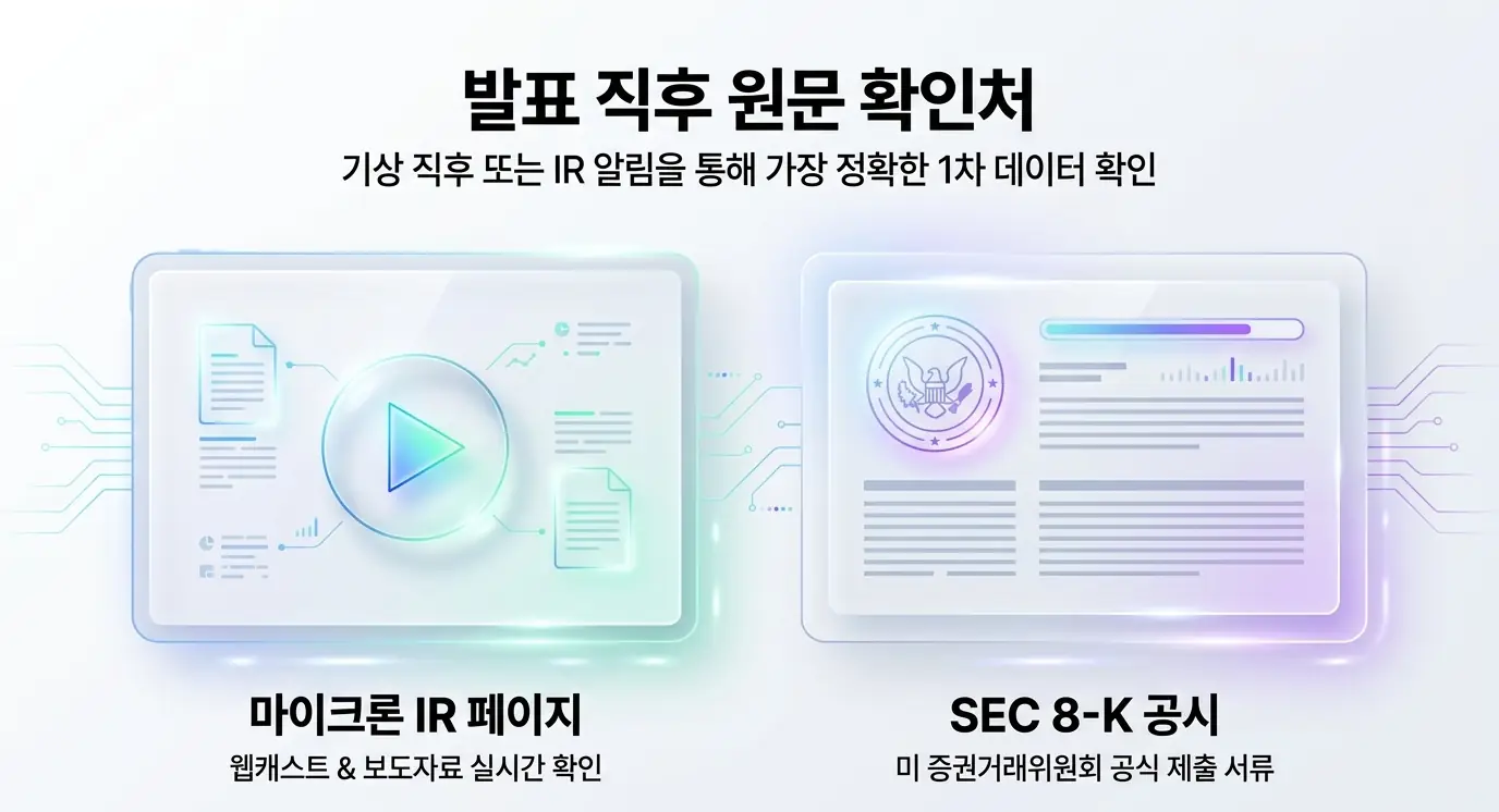 마이크론 실적발표 자료를 확인하는 두 경로인 마이크론 IR 페이지와 SEC 8-K 공시를 좌우로 표현한 이미지. 웹캐스트&middot;보도자료 실시간 확인과 미국 증권거래위원회 공식 서류를 시각화하며&amp;#44; 마이크론 실적발표 확인처 섹션을 설명함 