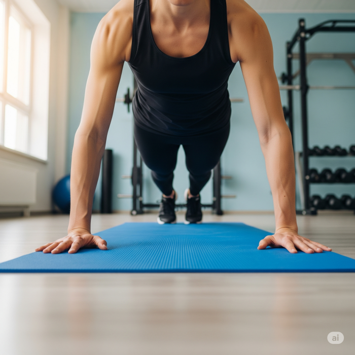 운동복을 입은 사람이 밝은 조명의 미니멀한 체육관에서 요가 매트 위에서 플랭크 자세를 하고 있으며, 강하고 안정적인 코어를 강조하기 위해 몸의 직선에 초점이 맞춰져 있습니다.