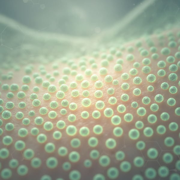 건강하고 빛나는 피부 표면에 균형 잡힌 유익균들이 보호막을 이루며 활발하게 움직이는 모습. 피부 마이크로바이옴의 건강함을 상징합니다.