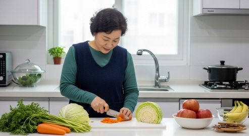 자연광 아래에서 당근, 양배추, 사과를 정성껏 손질하는 모습