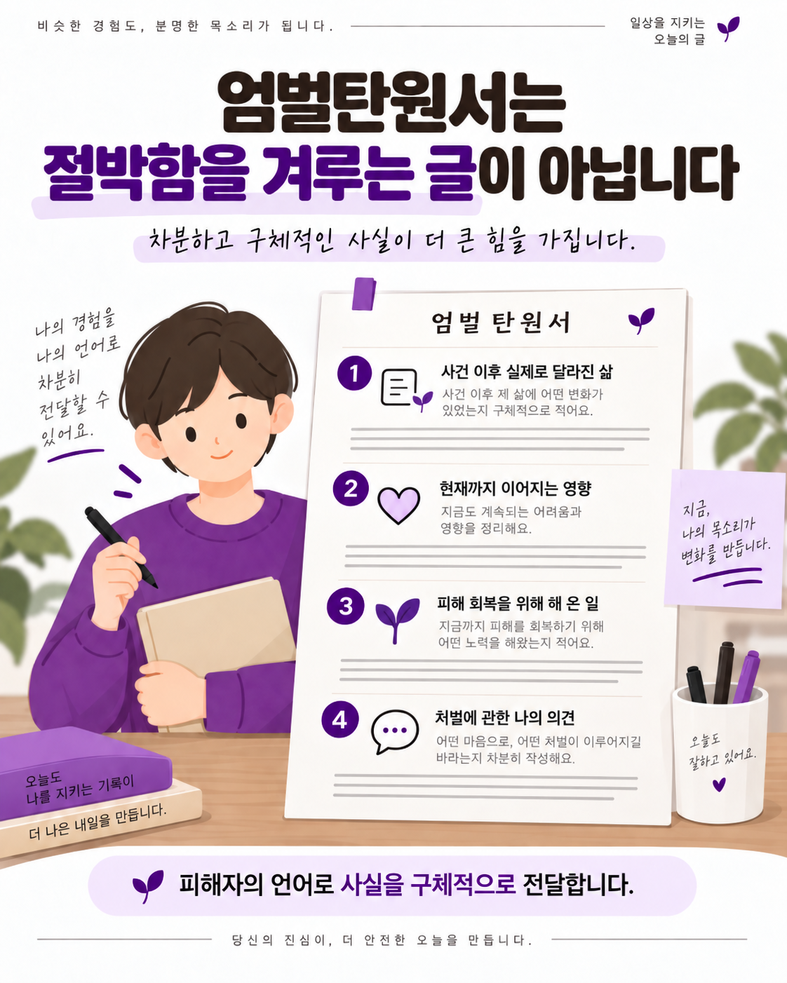 엄벌탄원서에는 차분하고 구체적인 글을 쓸 수 있도록 나의 경험과 언어로 쓰도록 안내합니다.