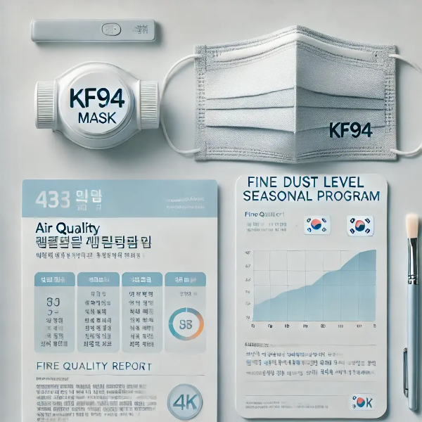 하얀 배경 위에 KF94 마스크, 공공 안내문, 미세먼지 측정 카드, 공기질 보고서가 정돈된 스튜디오컷 이미지 (텍스트 없음)