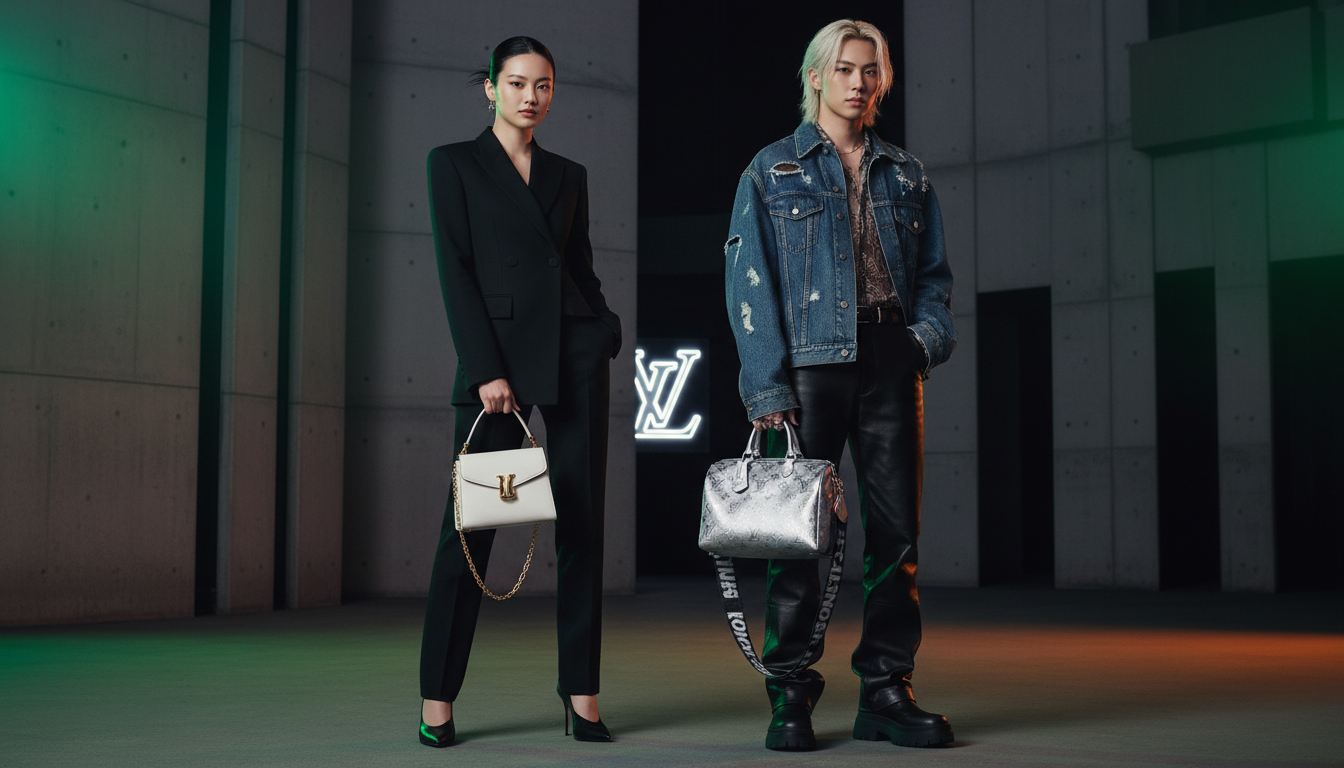 루이비통 앰버서더 정호연과 필릭스가 루이비통 아이코닉 백을 들고 세련된 포즈를 취하고 있는 패션 화보 이미지. 정호연은 카퓌신 미니를, 필릭스는 스피디 반둘리에 20을 착용.