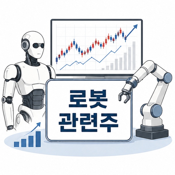 휴머노이드와 협동로봇, 주식 그래프를 이용해 국내 로봇 관련주를 소개하는 그림